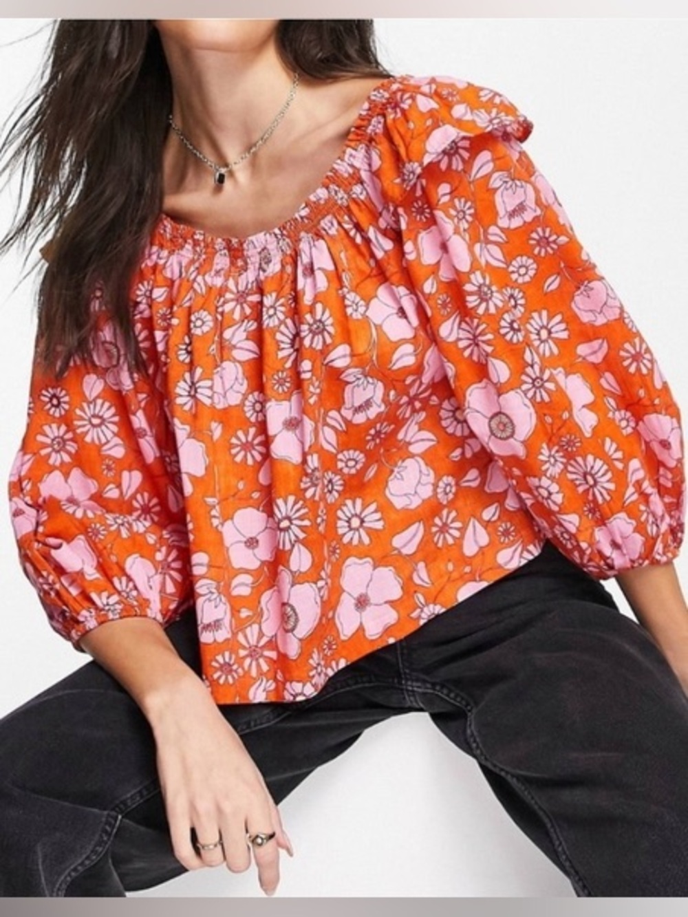 Free People Miss Daisy floral burnt orange puff sleeve smock blouse size medium